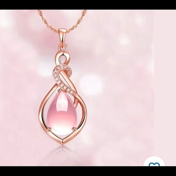 Rose Gold tone CZ Diamond Pink Opal Necklace - Picture 1 of 7
